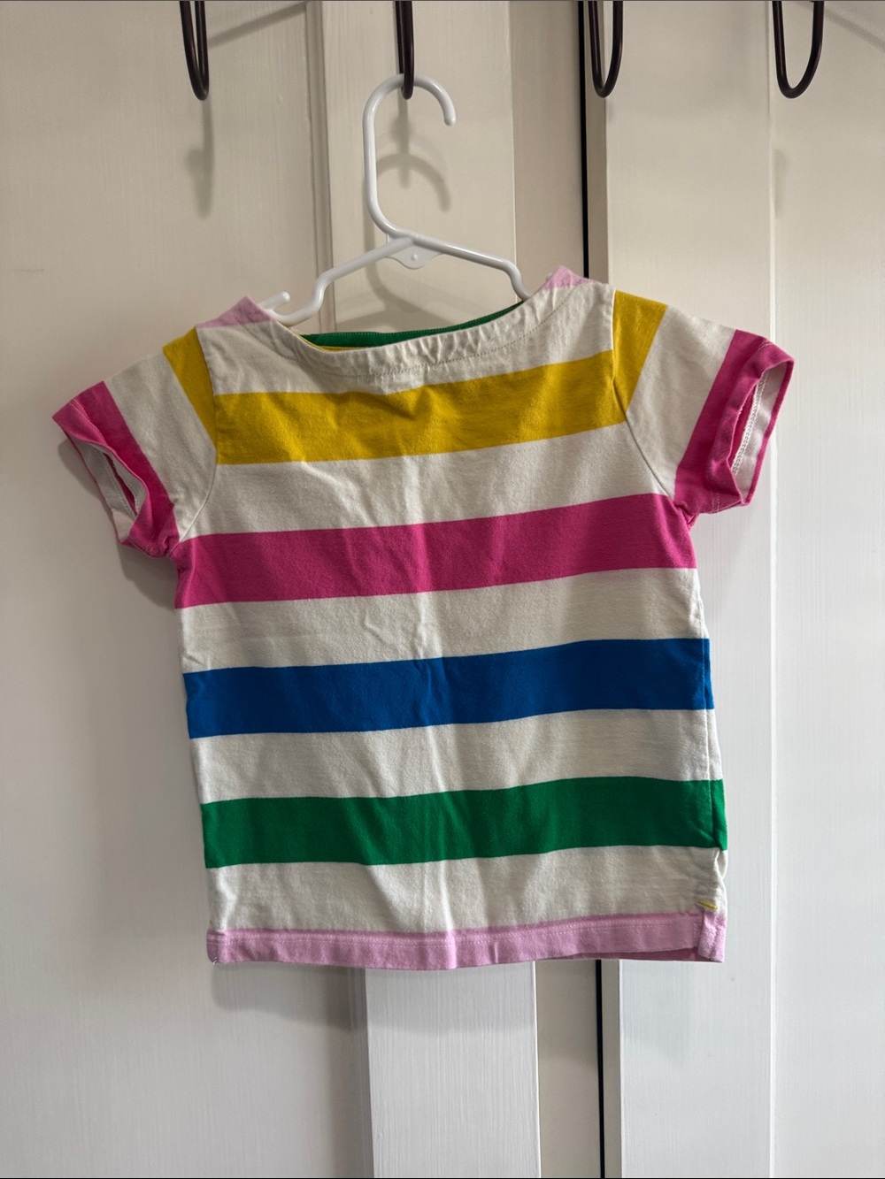 Mini Boden Short Sleeve Rainbow Stripe Tee in White, Pink, Yellow, Blue, Green